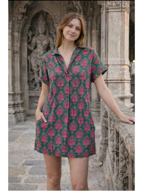 Women's Sohana Green Pink Floral Cotton Mini Dress L